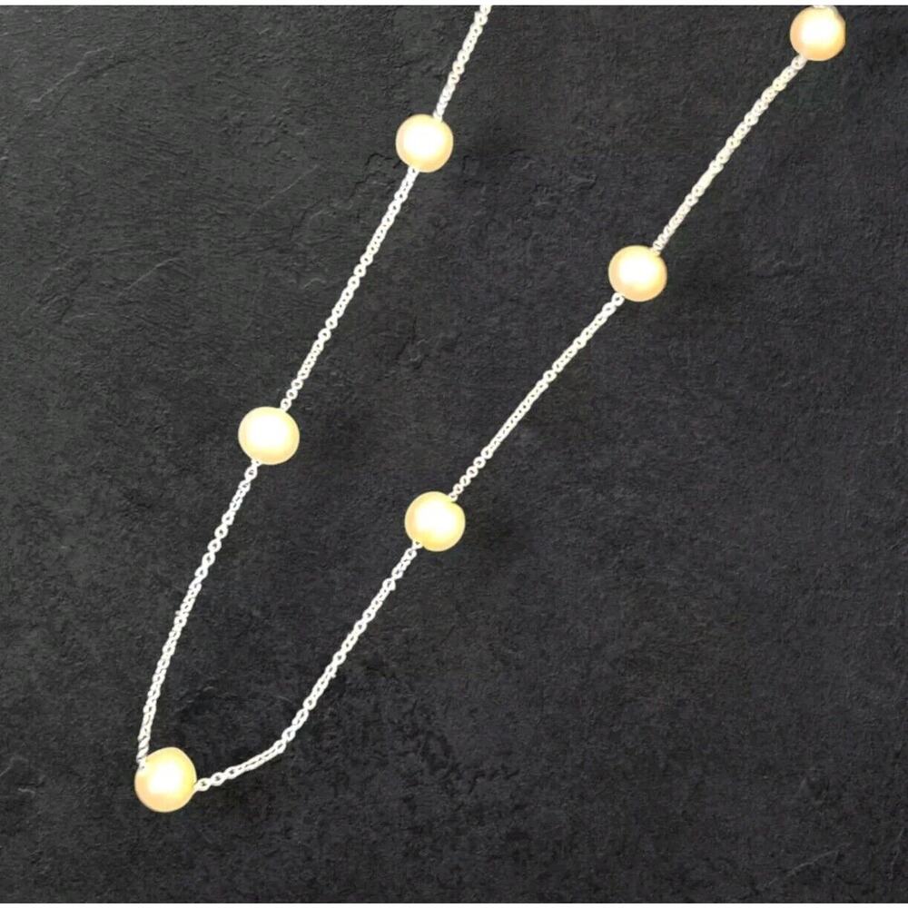Silver Tone Chain Champagne Pearl Station Necklace 18"-20" - Picture 5 of 6